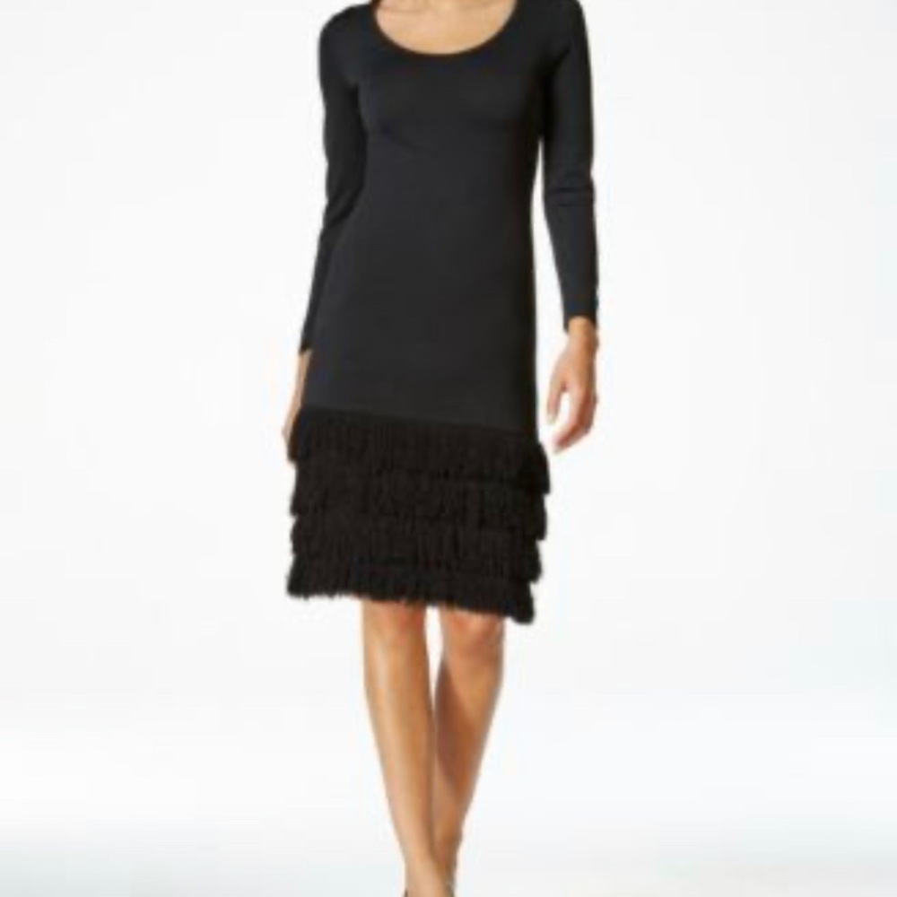 Calvin Klein black sheath fringe dress size L NWOT